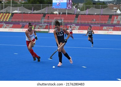 Terrassa, Spain. 2022 July 7 . Agustina Albertarrio ARG in action in the Argentina vs Canada Field Hockey match at the FIH Hockey Womens World Cup 2022.