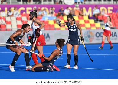 Terrassa, Spain. 2022 July 7 . Argentine Team Celebrating A Goal In The Argentina Vs. Canada Field Hockey Match At The FIH Hockey Womens World Cup 2022 World Championship.