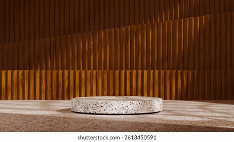 Terrazzo pedestal product display stage against architectural fluted wood panel background. Modern minimalist scene with warm tones and natural light shadows. Ideal for natural or modern mockups.