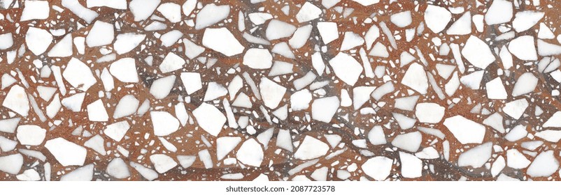 terrazzo texture. Vector seamless pattern of mosaic floor surface with natural stones, pebbles, granite, marble, limestone. Trendy background in dark colors, green, brown, gold, black