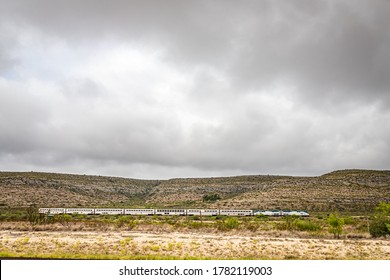 Terrell County, Texas / United States - June 2, 2020: The Amtrak Sunset Limited Train Travels Through The Desert Near Sanderson, Texas.