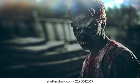 Terrible Bloody Zombie Man In A Ruined City. Zombie Apocalypse. Halloween. Horror Movie.