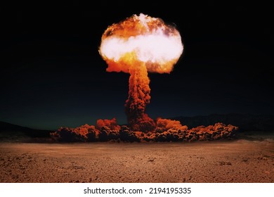 Terrible explosion of a nuclear bomb with a mushroom in the desert. Hydrogen bomb test. Nuclear catastrophe 
