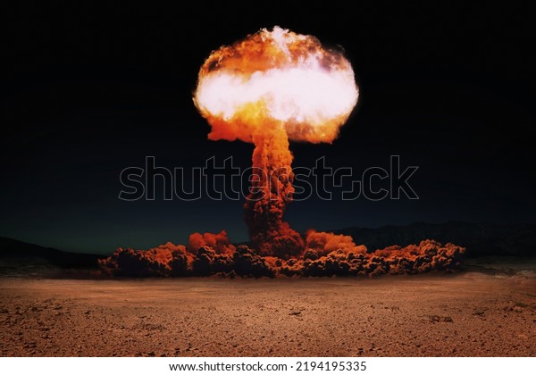 Terrible explosion of a\
nuclear bomb with a mushroom in the desert. Hydrogen bomb test.\
Nuclear catastrophe 