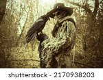 A terrible forest sorcerer with a canvas bag on his head and in a sackcloth robe stands in a dense forest with a black raven on his hand. Scarecrow. Halloween Tales. Horror, thriller.