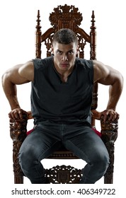 Terrible Muscular Man Rises From His Throne. Isolated