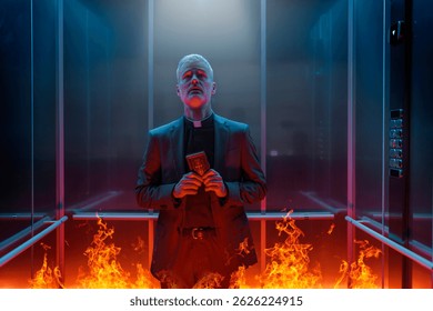 Terrified sinful priest standing in an elevator surrounded by flames and going to hell, he is holding a Bible and looking up
