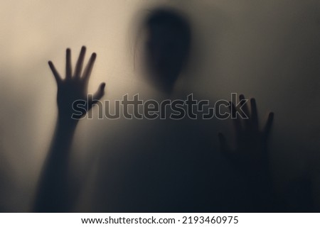 Terrifying blurry ghostly shadow of a man with flowing hair. Silhouette of a ghost, monster, alien, creature. The concept of fear, horror, scary, hallucination, psycho nightmare, halloween festival. Stock foto © 