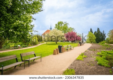 Territory of botanic dendrology garden in spring time in Prague, Czech republic. High quality photo