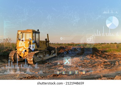 Territory planning with an excavator without the participation of a driver. Modern technologies of artificial intelligence and remote control of equipment - Shutterstock ID 2121948659