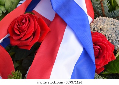 Terror France Flag Tricolor Red White Blue And Red Roses Memorial To Victims Or National Day