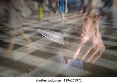 Terrorist Is Attacking With A Knife In A Public Place