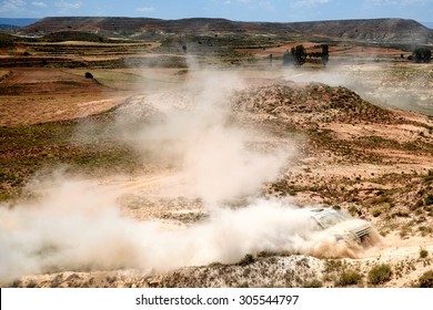 TERUEL, SPAIN - JUL 25 : Spanish Driver Ruben Gracia And His Codriver Diego Vallejo In A Mitsubishi Montero Race In The XXXII Baja Spain, On Jul 25, 2015 In Teruel, Spain.