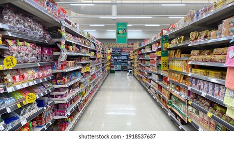 Tesco Lotus,THAILAND- February 4, 2021 : Consumer products are placed on the shelves, Single supermarket that has everything, Thailand's leading department store.