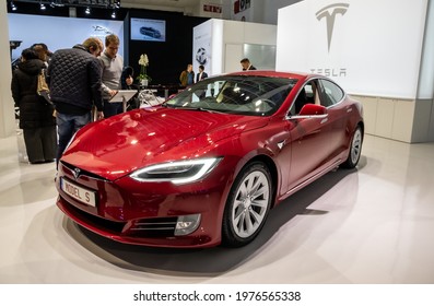 Tesla Model S electric car showcased at the Brussels Expo Autosalon motor show. Belgium - January 19, 2017