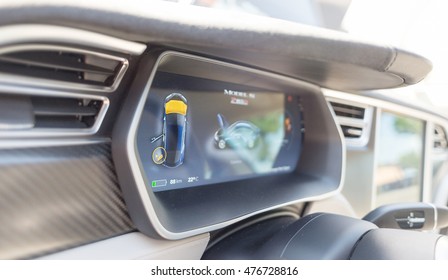 Tesla P85D Electric Car Car Dashboard Screen And Interior While Recharging Batteries At Eldrive Charging Point, Sofia, Bulgaria, August 29, 2016.