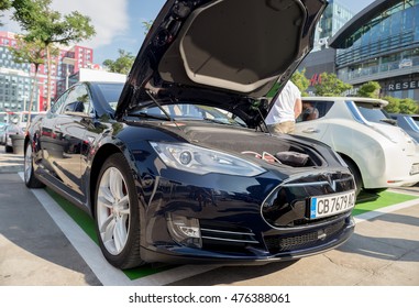 Tesla P85D Electric Car Recharging Batteries At Eldrive Charging Point, Sofia, Bulgaria, August 29, 2016.