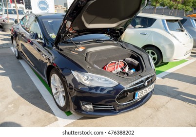 Tesla P85D Electric Car Recharging Batteries At Eldrive Charging Point, Sofia, Bulgaria, August 29, 2016.