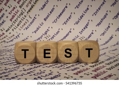 test - cube with letters and words from the computer, software, internet categories, wooden cubes