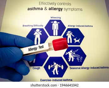 Test Tube With Blood Sample For Food Allergy Test With Allergy Symptoms Background.