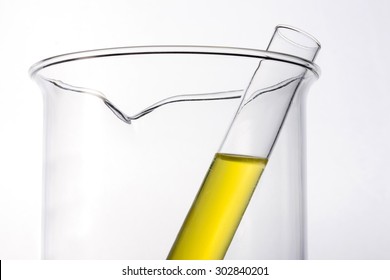 Test Tube With Yellow(urine) Liquid(fluid, Water) In The Beaker For Chemical, Health, Urology At The Laboratory And White Background.