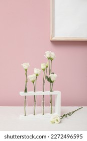Test tubes with beautiful eustoma flowers on table near color wall