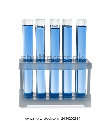 Test tubes with blue liquid in rack isolated on white