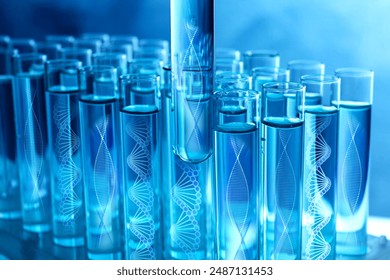 Test tubes with different illustrations of DNA in laboratory, closeup