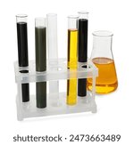 Test tubes and flask with different types of oil isolated on white