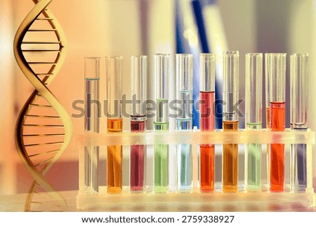 Test tubes on table in laboratory and DNA strand, color toned. Research in biochemistry and genetics