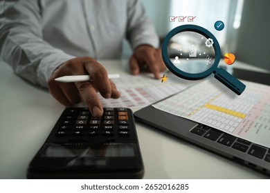 A testing critical of qa testing person using calculator and analyzing financial data with magnifying glass overlay showing graphs and charts