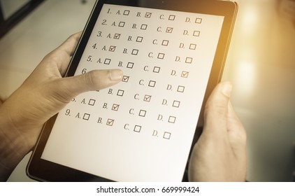 Testing in exams forms on tablet multiple choice questions. E-learning describes cognitive science principles of effective multimedia learning using electronic educational technology, instructional