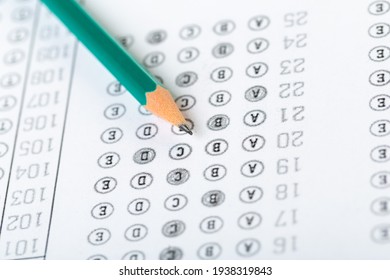 Testing In Exercise And Exam Paper. Computer Sheet With Pencil In School Test Room, Education Concept