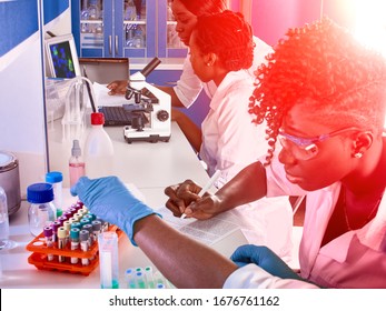 Testing Facility. Young African Female Scientists Or Medical Students, Positive Energetic Women, Work Together Performing Blood, Nucleic Acid And Microscope Medical Tests To Fight Corona Virus.