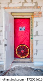 Testing the house for airtightness, on the front door installed a powerful fan