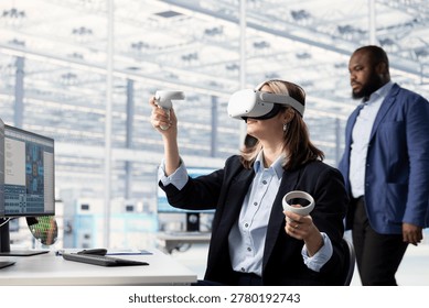 Testing microchip electronics prototypes, VR and multiethnic engineering team. Ensuring industrial hardware standards, virtual reality goggles and diverse coworkers in semiconductors RD laboratory - Powered by Shutterstock - Get 15% off with code: PIKWIZARD15