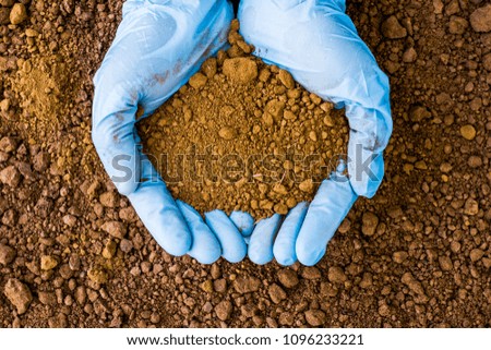 Testing the Soil sample on hand which wears a blue rubber medical glove with soil ground background.  The concept of soil quality and farming