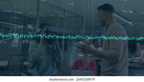 Testing woman wearing green sweater using VR headset at conference table, with data overlay. Technology, collaboration, innovation, professional, futuristic, workspace, digital