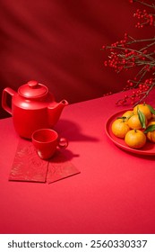 The Tet tea table with an empty space for product display is stimulated with a red plate of tangerines, red envelopes, a winterberry branch, and a teapot on a crimson background.