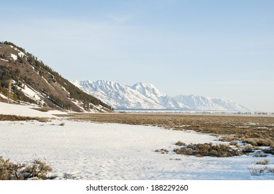 The Teton Mountain Range And Sagebrush Steppe Of Wyoming Near Jackson Hole In Spring.