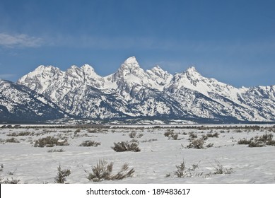 The Teton Mountain Range And Sagebrush Steppe Of Wyoming Near Jackson Hole In Spring.