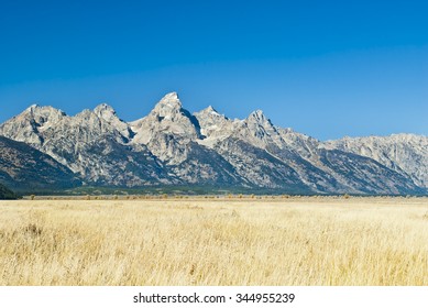 The Teton Peaks And Grassy Sagebrush Steppe Of Wyoming Near Jackson Hole In Autumn.