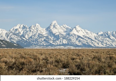 The Teton Peaks And Sagebrush Steppe Of Wyoming Near Jackson Hole In Spring.