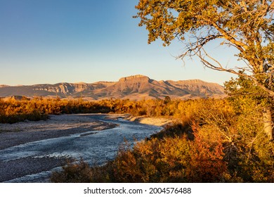 The Teton River With Ear Mountain In Autumn At Sunrise Near Choteau, Montana, USA