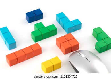 Tetris Game And Mouse Made Of Building Blocks