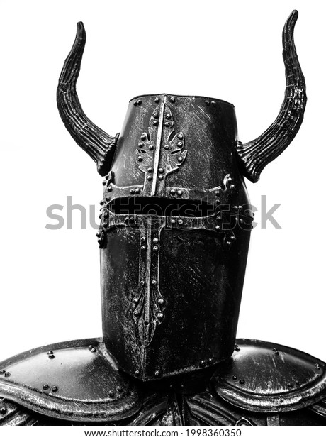 teutonic knight. ancient helmet with long horns, viking helmet.