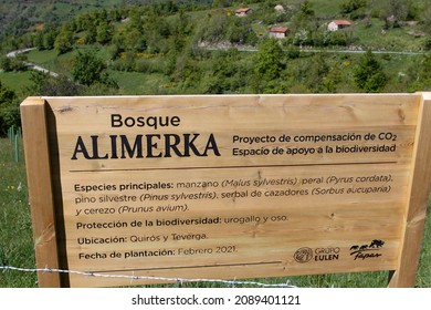 TEVERGA, ASTURIAS, SPAIN - MAY 23, 2021:
Sign Board Designating Forest Planted By Alimerka Supermarket Network In Teverga, Asturias, Spain. Carbon Dioxide Offset Project. Biodiversity Support Space. 
