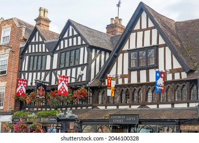 Tewkesbury, Gloucestershire, UK, September 21st, 2021, The Berkeley Arms Pub, medieval banners on display in the town centre for the Tewkesbury Medieval Festival.