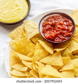 Tex Mex Corn Tortilla Chips With Cheddar Cheese Dip And Salsa