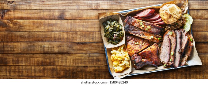 Texas Bbq Platter On Wooden Table In Copy Space Composition